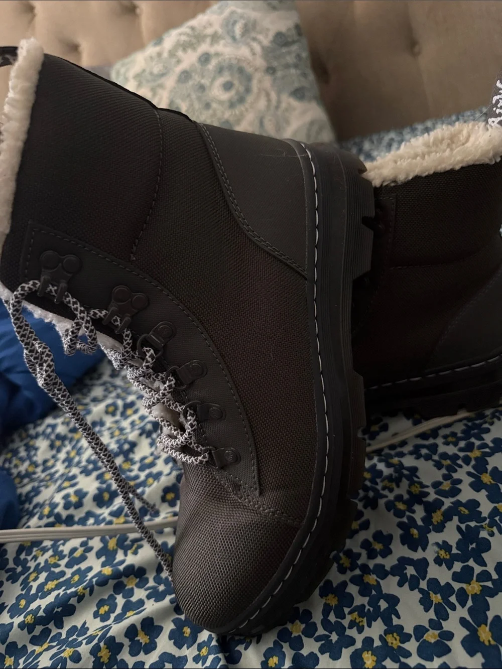 Dr. Martens Grey and Black Lace-Up Faux Fur Collared Boots